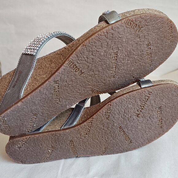 Mephisto Milly Shoes Womens Size 7 Steel Silver Wedge Sandals Rhinestone Straps - Picture 9 of 15